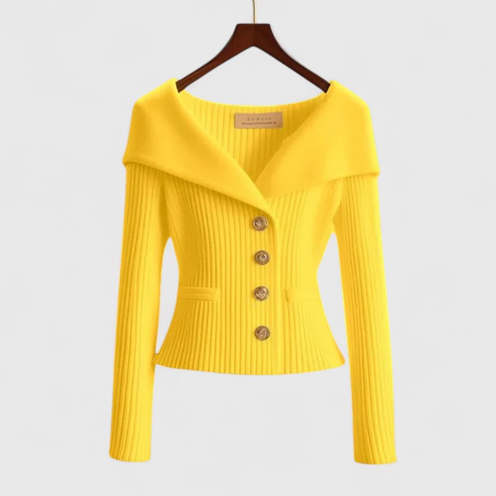 Elegancki sweter | Prążkowana dzianina, dopasowany krój, złote guziki 0