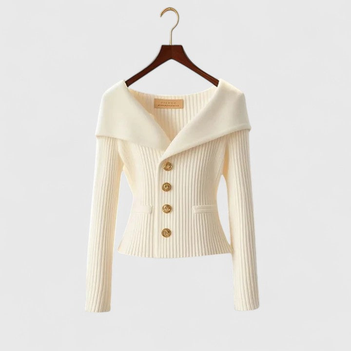 Elegancki sweter | Prążkowana dzianina, dopasowany krój, złote guziki 1