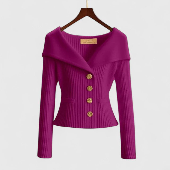 Elegancki sweter | Prążkowana dzianina, dopasowany krój, złote guziki 10