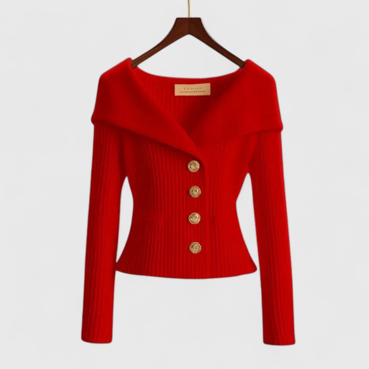Elegancki sweter | Prążkowana dzianina, dopasowany krój, złote guziki 3