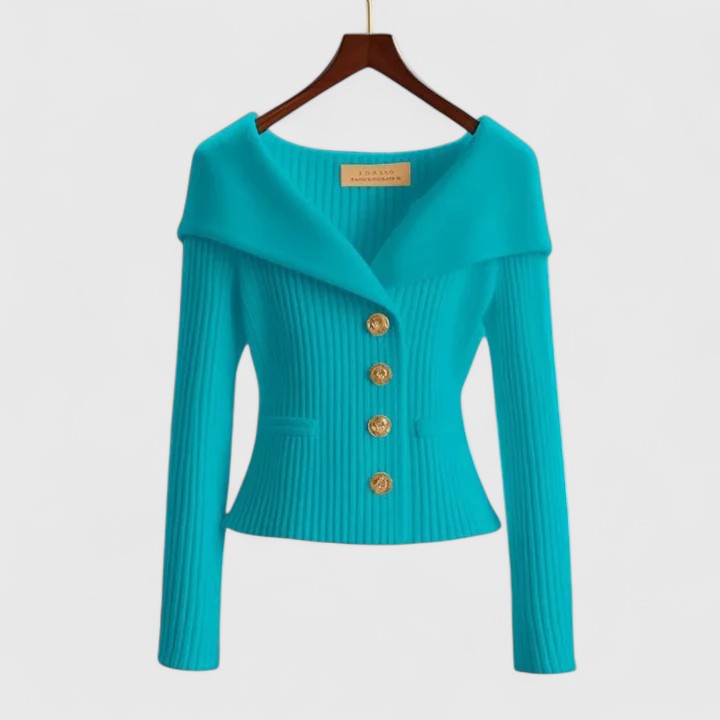 Elegancki sweter | Prążkowana dzianina, dopasowany krój, złote guziki 7