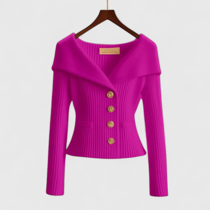 Elegancki sweter | Prążkowana dzianina, dopasowany krój, złote guziki 8
