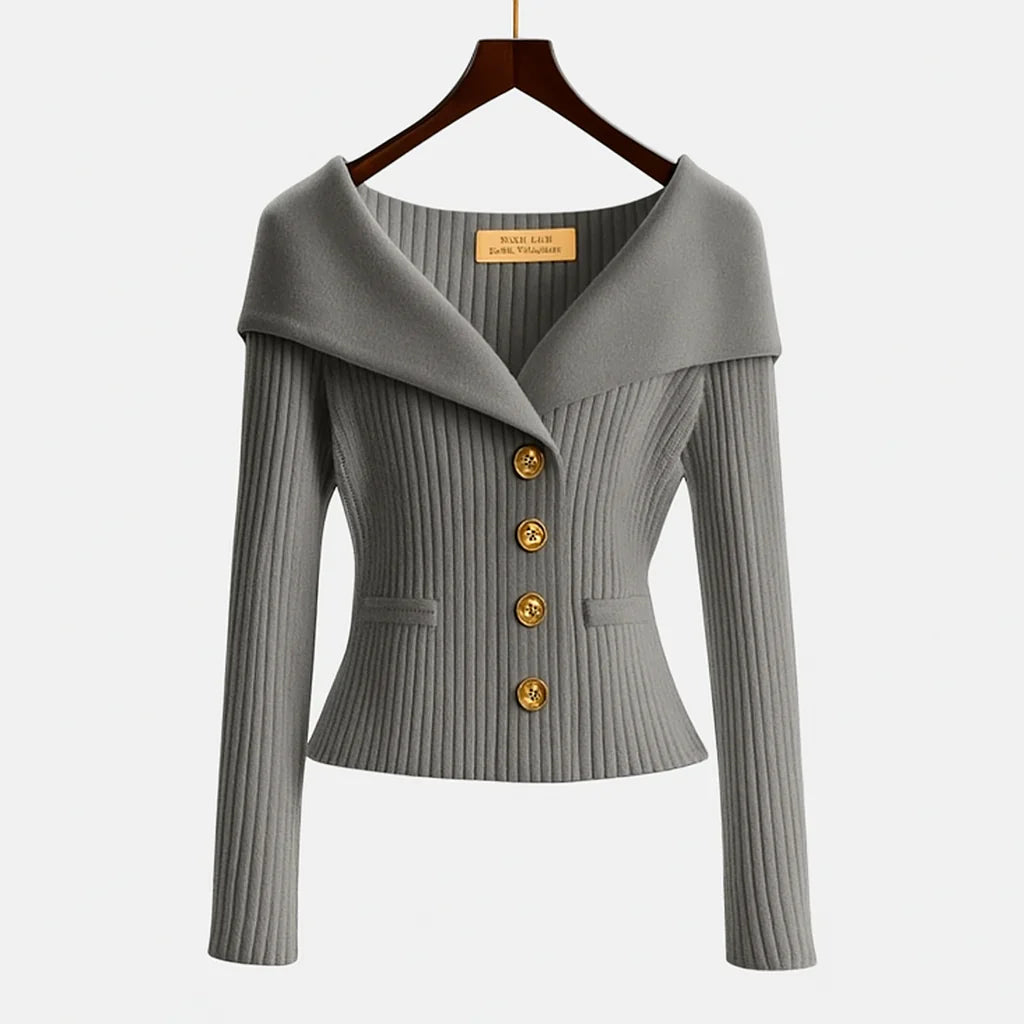 Elegancki sweter | Prążkowana dzianina, dopasowany krój, złote guziki 9
