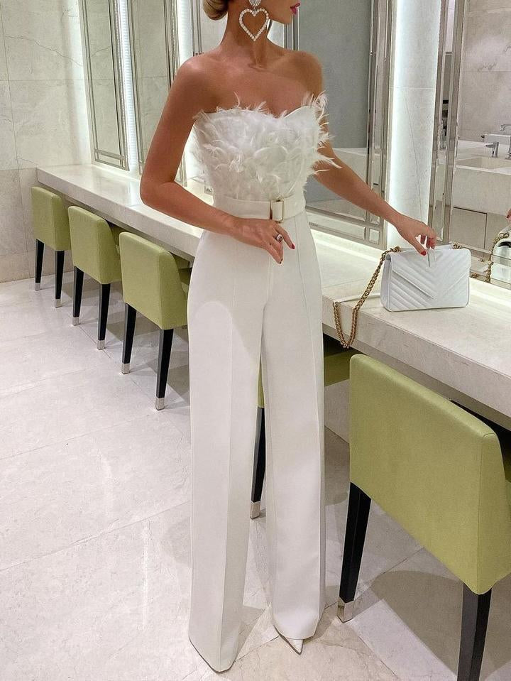 Bogumiła | Kombinezon damski elegancki bez ramiączek z piórami - zdjęcie 6