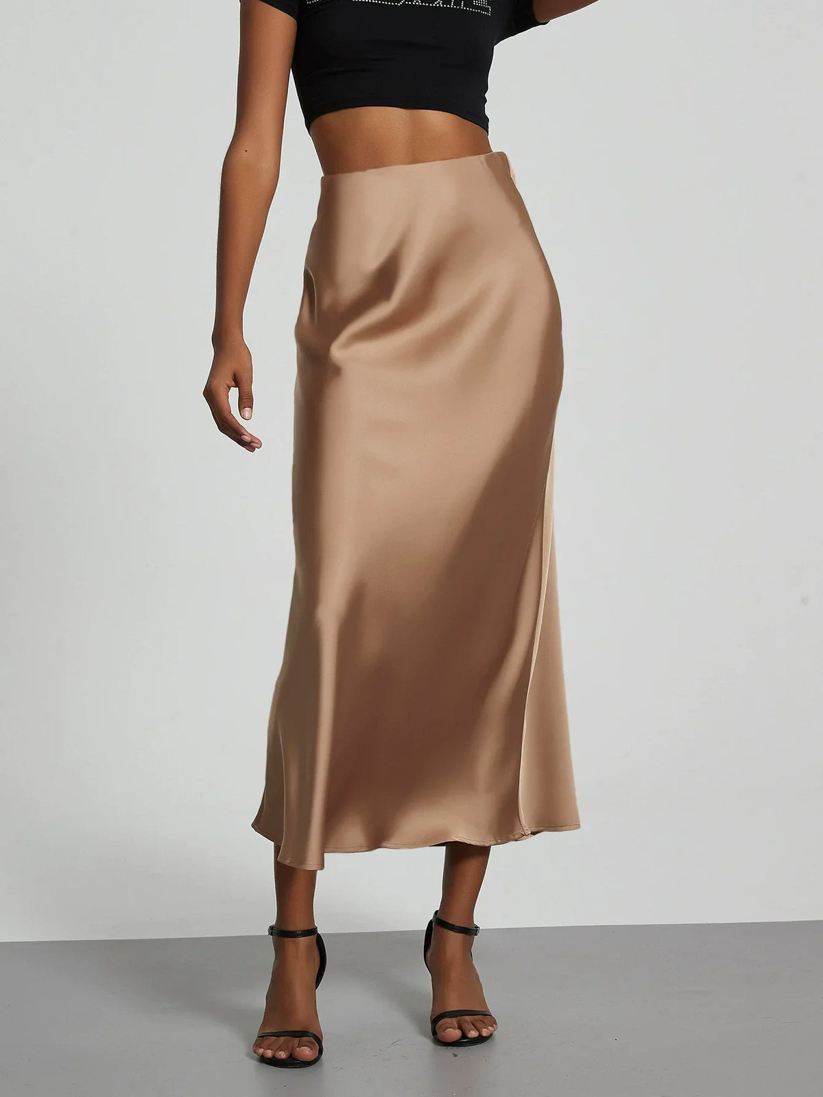 Idalia | Spódnica satynowa damska midi - Khaki