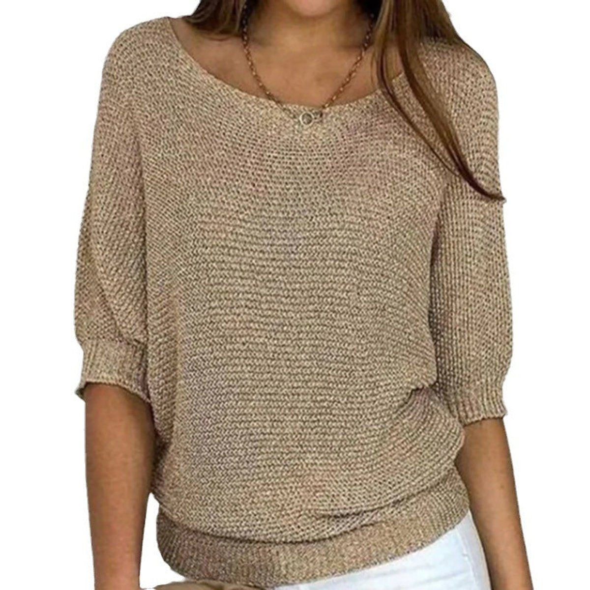 Kira | Sweter damski dzianinowy z rękawem nietoperzowym - Beżowy