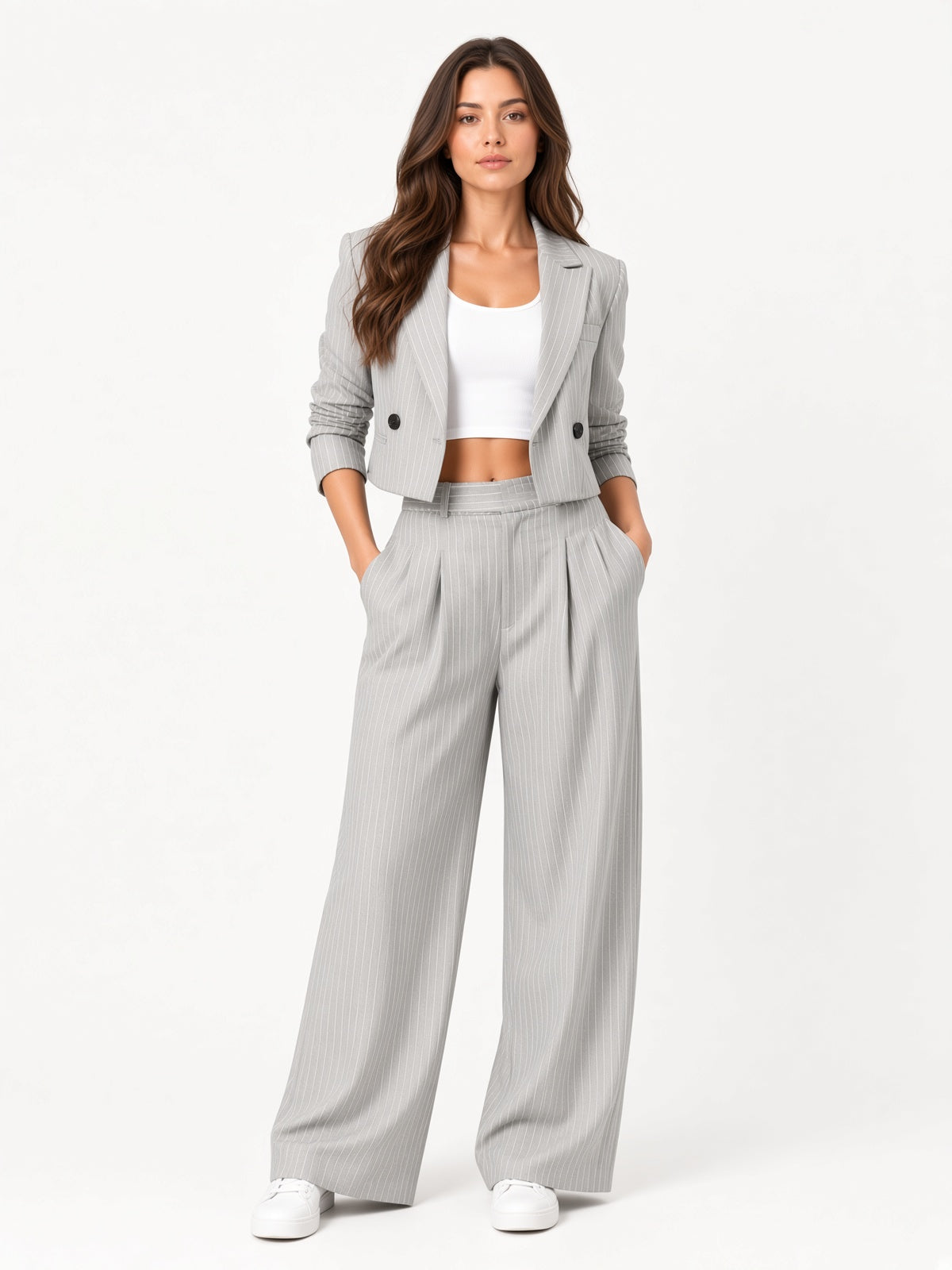 Zuzanna | Komplet damski w paski z szerokimi spodniami - Jasnoszary