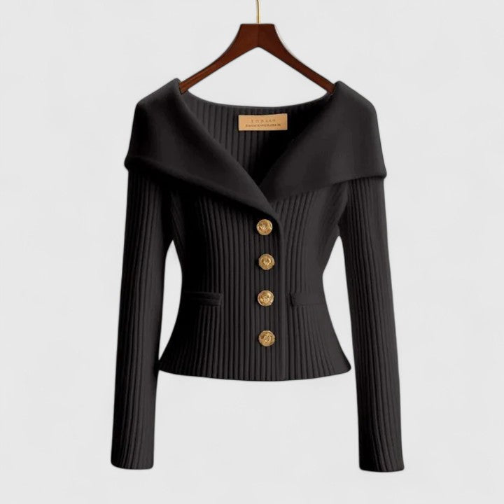 Elegancki sweter | Prążkowana dzianina, dopasowany krój, złote guziki 2