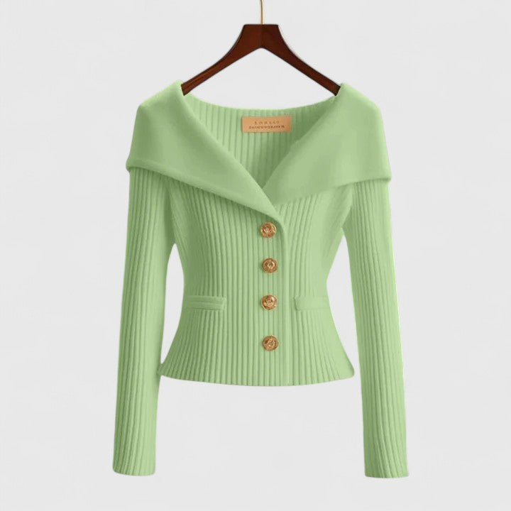 Elegancki sweter | Prążkowana dzianina, dopasowany krój, złote guziki 5