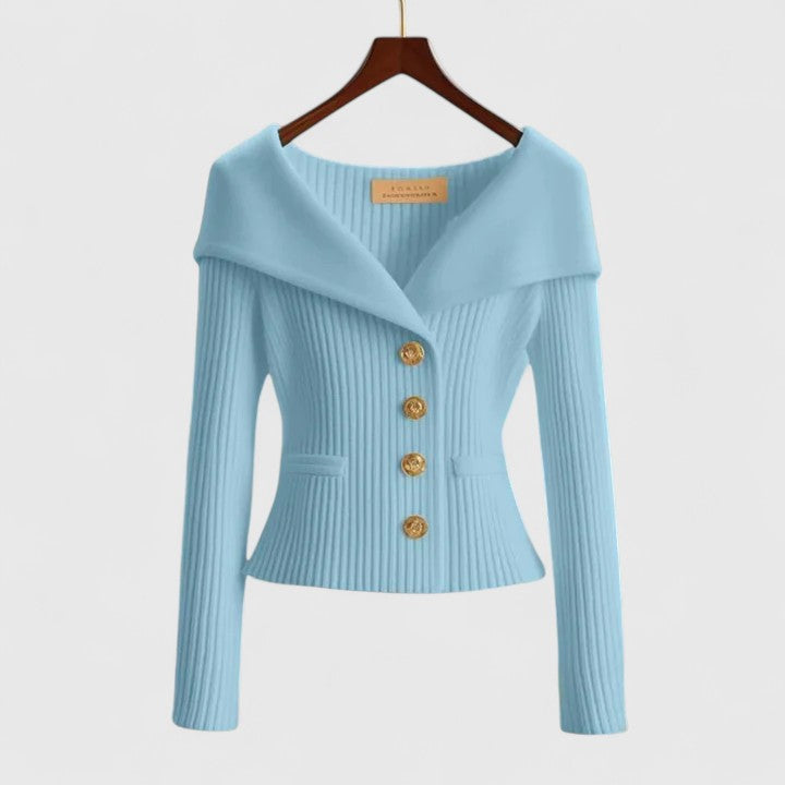 Elegancki sweter | Prążkowana dzianina, dopasowany krój, złote guziki 6