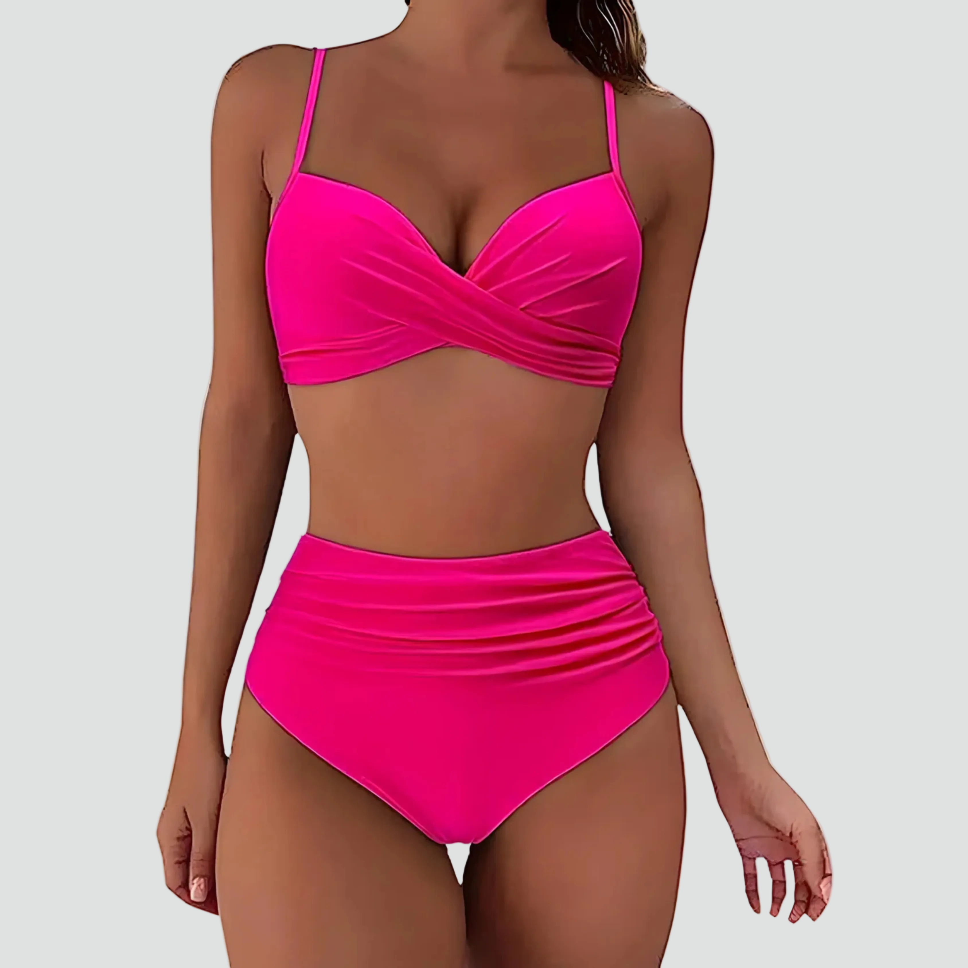 Bikini damskie z wysokim stanem i efektem push up, wyszczuplające, w stylu retro - Ciepły róż