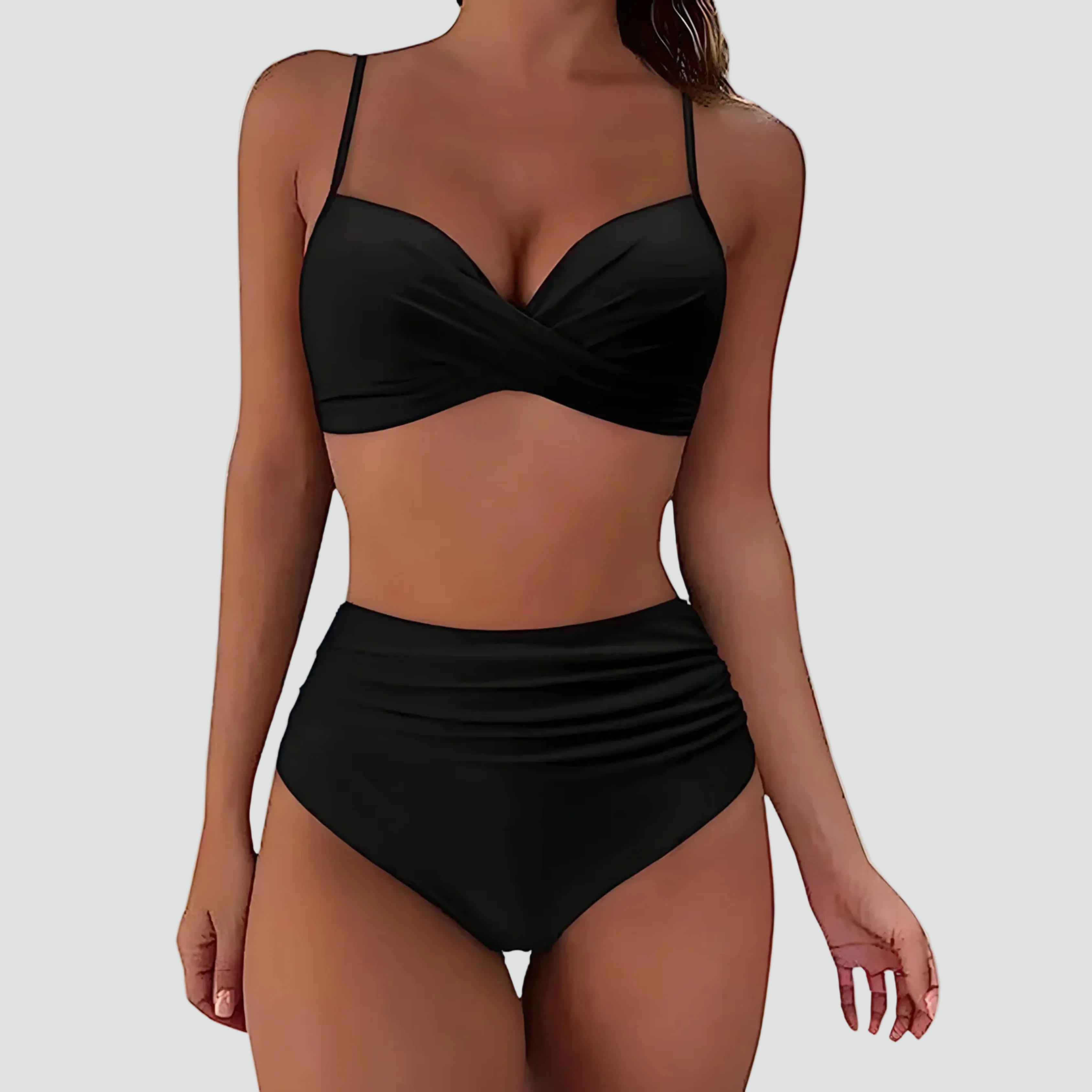 Bikini damskie z wysokim stanem i efektem push up, wyszczuplające, w stylu retro - Czarny