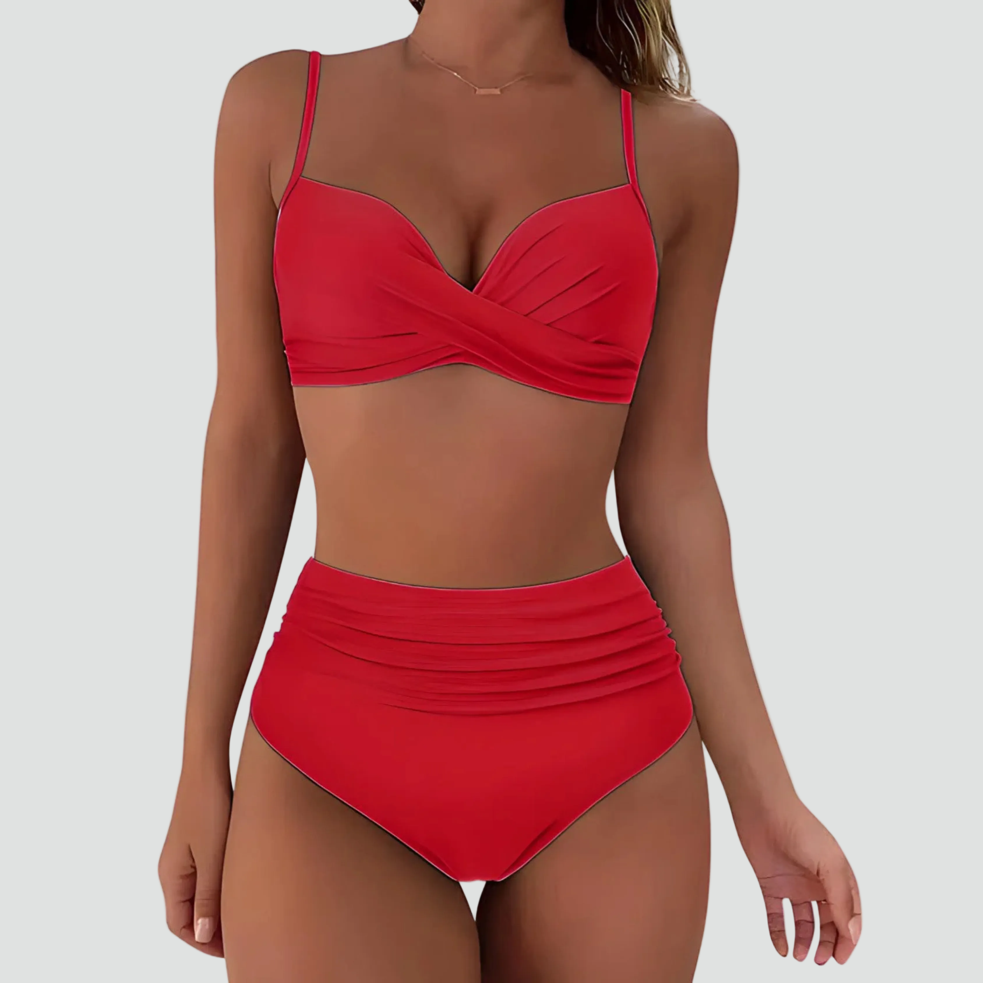 Bikini damskie z wysokim stanem i efektem push up, wyszczuplające, w stylu retro - Czerwony