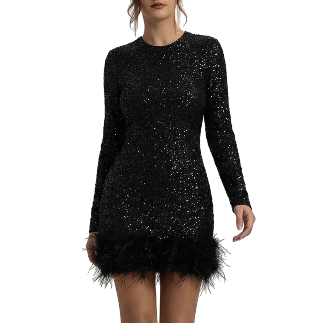 Sukienka mini z wykończeniem z piór