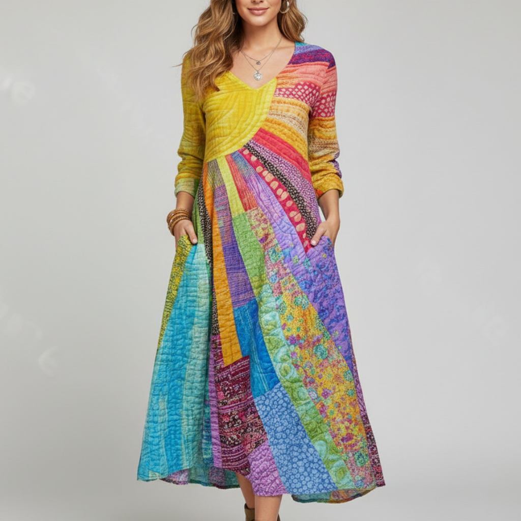 Bygenoveve | Wielokolorowa, patchworkowa sukienka boho na lato