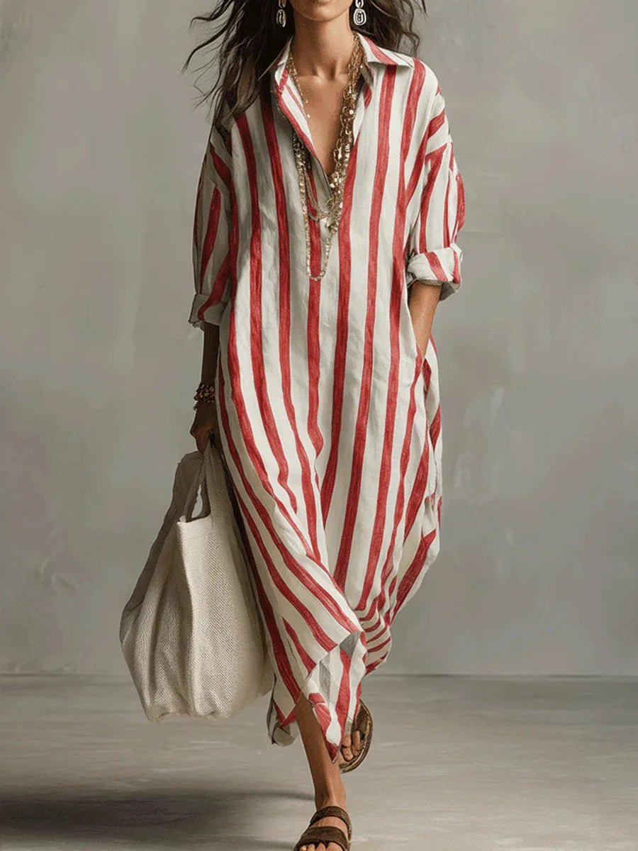 Lena | Sukienka koszulowa lniana maxi oversize - Czerwony