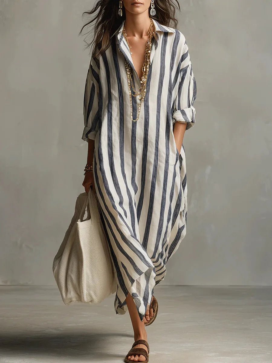 Lena | Sukienka koszulowa lniana maxi oversize - Niebieski