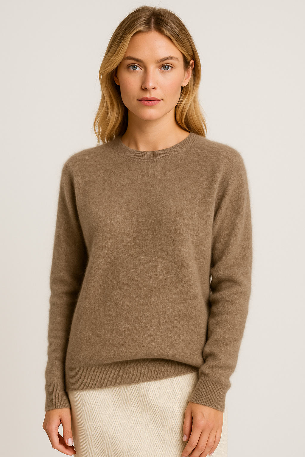 Nela | Sweter damski kaszmirowy z okrągłym dekoltem - Khaki