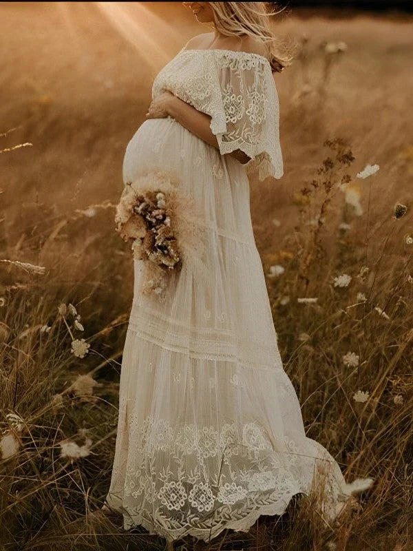 Patrycja | Sukienka ciążowa maxi koronkowa boho - Biel
