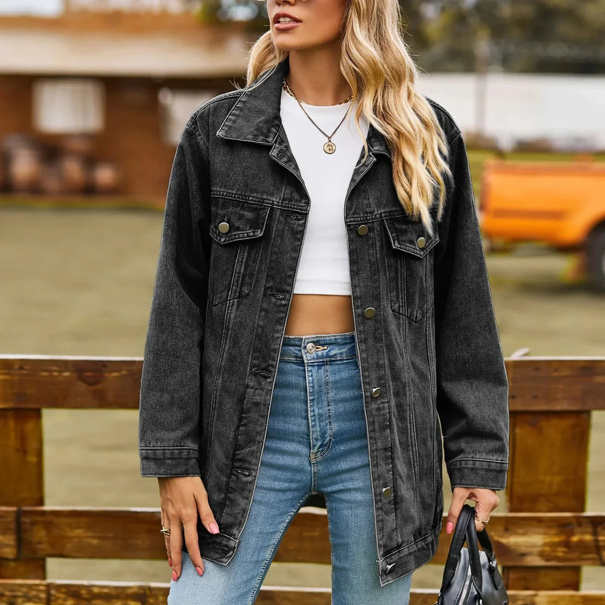 Pola | Genowefa | Kurtka jeansowa damska oversize - Czarny