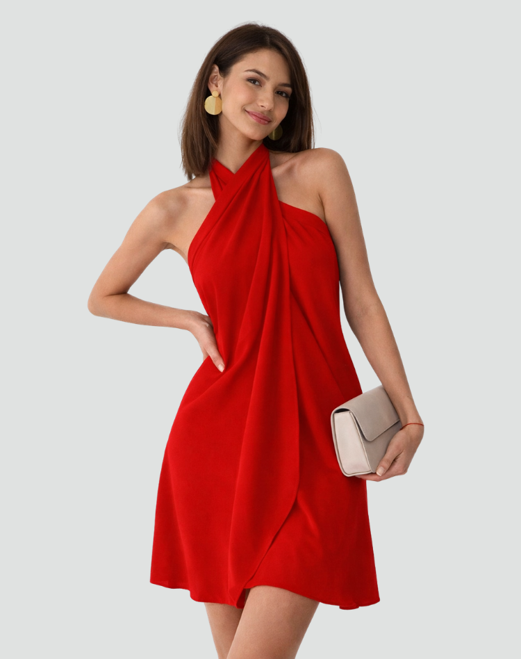 Sukienka mini damska zwiewna z dekoltem halter i odkrytymi plecami, elegancka i koktajlowa - Czerwony