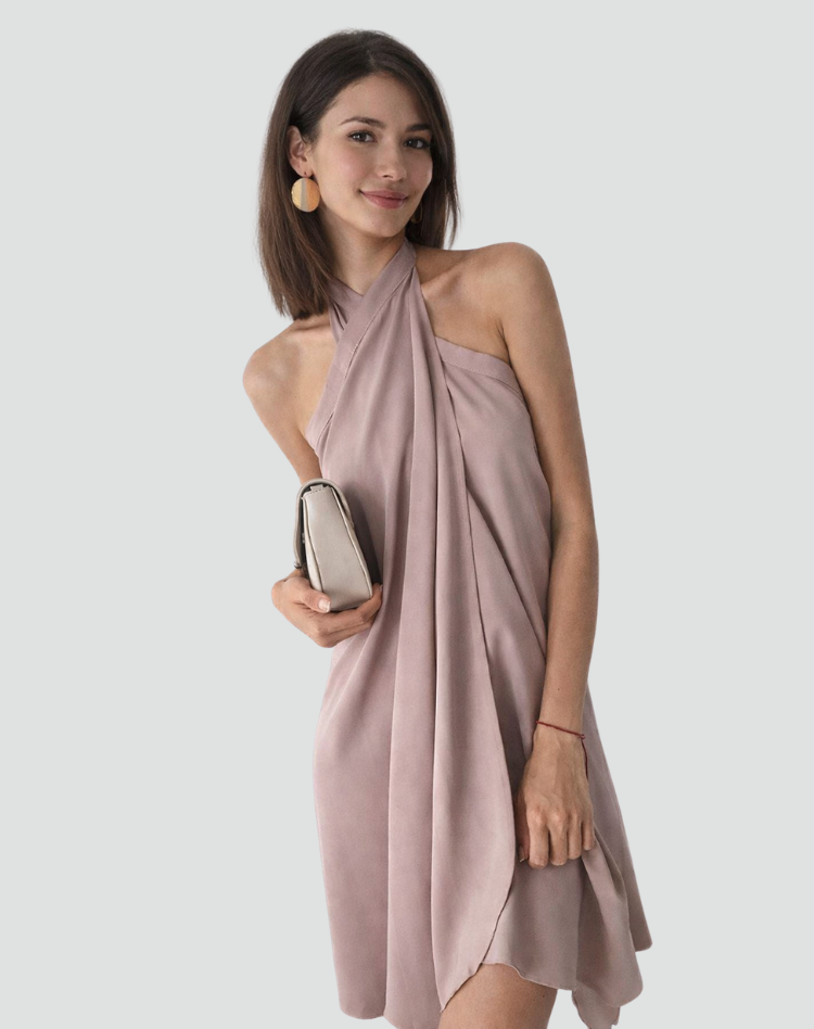 Sukienka mini damska zwiewna z dekoltem halter i odkrytymi plecami, elegancka i koktajlowa - Odcienie ziemi